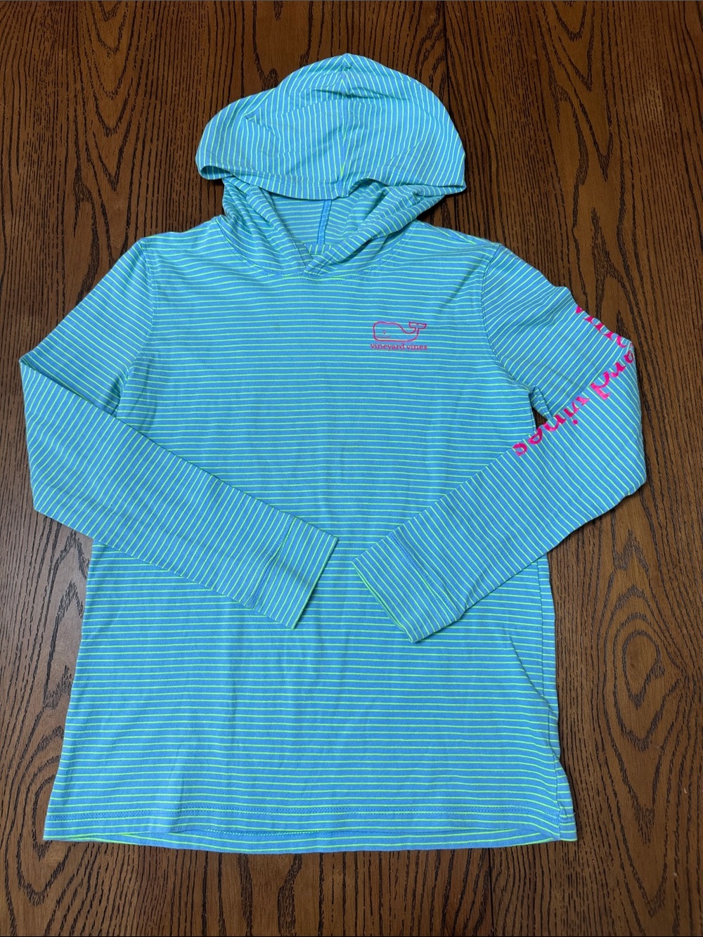 Vineyard Vines Aqua and White Striped Hooded Sun Shirt with Pink Logo